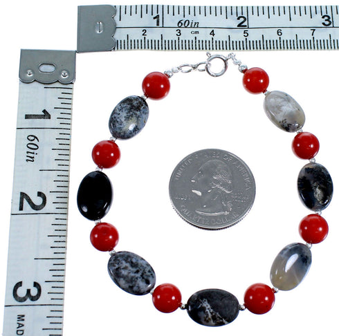Coral And Jasper Sterling Silver Bead Bracelet SX114971